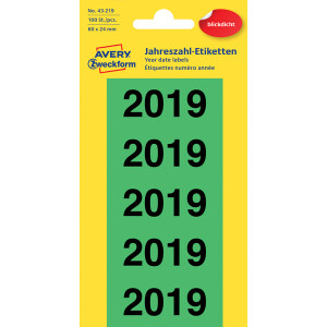 Inhaltsschilder mit Jahreszahl Avery Zweckform 43-219 - 60 x 24 mm grün 2019 permanent haftend Pckg/100