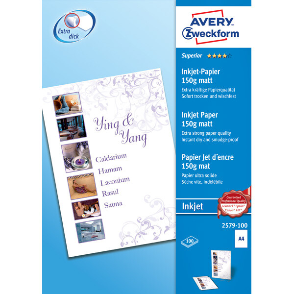 Inkjetpapier Avery Zweckform Superior 2579-100 - A4 210 x 297 mm weiß für Inkjetdrucker matt beschichtet FSC 150 g/m² Pckg/100