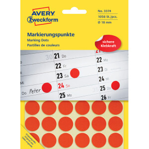 Markierungspunkte Avery Zweckform 3374 - auf Bogen Ø 18 mm rot permanent Papier für Handbeschriftung Pckg/1056
