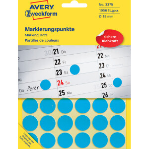 Markierungspunkte Avery Zweckform 3375 - auf Bogen Ø 18 mm blau permanent Papier für Handbeschriftung Pckg/1056