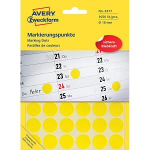 Markierungspunkte Avery Zweckform 3377 - auf Bogen Ø 18 mm gelb permanent Papier für Handbeschriftung Pckg/1056