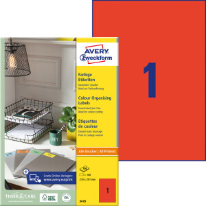Universaletikett Avery Zweckform 3470 - A4 210 x 297 mm rot permanent FSC Papier für alle Druckertypen Pckg/100