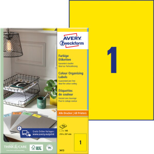Universaletikett Avery Zweckform 3473 - A4 210 x 297 mm gelb permanent FSC Papier für alle Druckertypen Pckg/100
