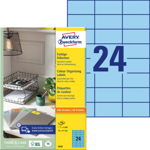 Universaletikett Avery Zweckform 3449 - A4 70 x 37 mm blau permanent FSC Papier für alle Druckertypen Pckg/2400