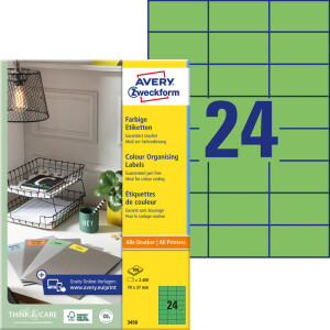 Universaletikett Avery Zweckform 3450 - A4 70 x 37 mm grün permanent FSC Papier für alle Druckertypen Pckg/2400