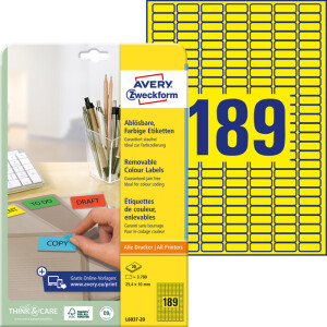 Universaletikett Avery Zweckform L6037-20 - A4 25,4 x 10 mm gelb permanent FSC Papier für alle Druckertypen Pckg/3780