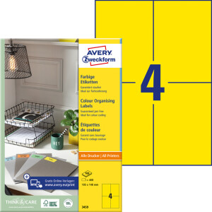 Universaletikett Avery Zweckform 3459 - A4 105 x 148 mm gelb permanent FSC Papier für alle Druckertypen Pckg/400