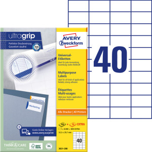 Universaletikett Avery Zweckform 3651 - A4 52,5 x 29,7 mm weiß permanent ultragrip FSC Papier für alle Druckertypen Pckg/8800