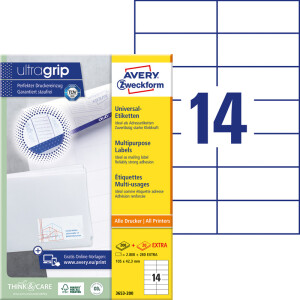 Universaletikett Avery Zweckform 3653 - A4 105 x 42,3 mm weiß permanent ultragrip FSC Papier für alle Druckertypen Pckg/3080
