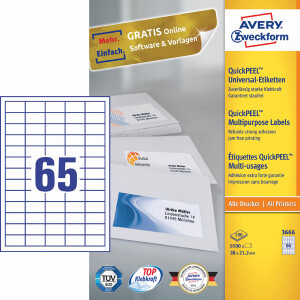 Universaletikett Avery Zweckform 3666 - A4 38 x 21,2 mm weiß permanent ultragrip FSC Papier für alle Druckertypen Pckg/6500