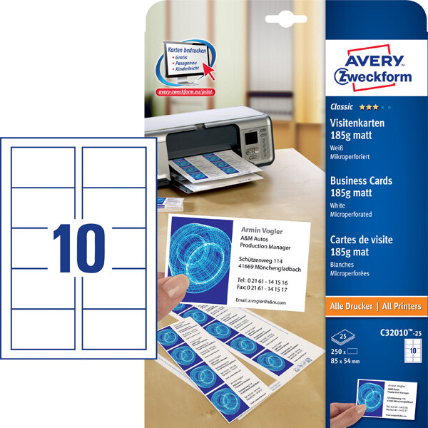 Visitenkarte Avery Zweckform Classickarton C32025 - 85 x 54 mm weiß universelle Anwendung matt microperforiert beidseitig 185 g/m² Pckg/250
