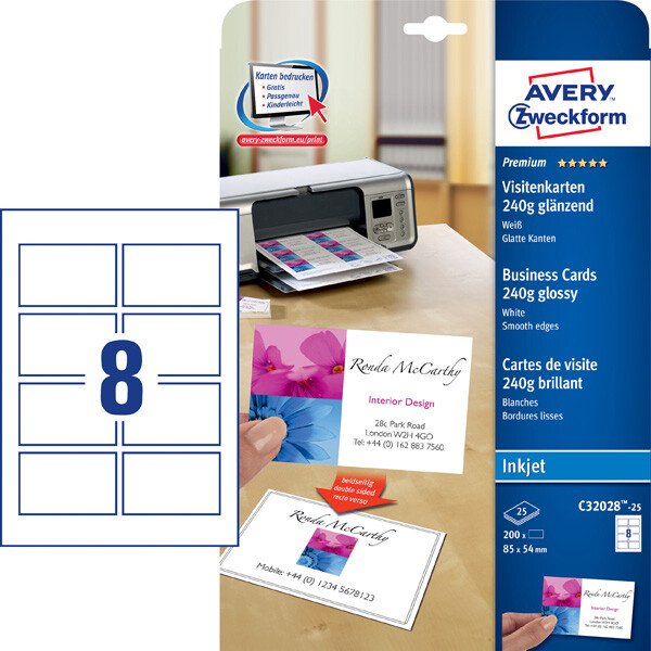 Visitenkarte Avery Zweckform Premiumkarton C32028 - 85 x 54 mm weiß für Inkjetdrucker hochglänzend glatte Kanten 240 g/m² Pckg/200