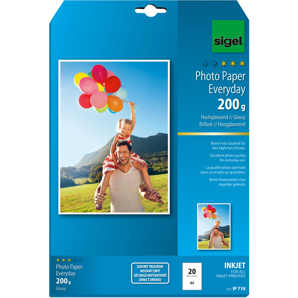 Fotopapier sigel Everyday Inkjet IP710 - A4 210 x 297 mm weiß für Inkjetdrucker hochglänzend 200 g/m² Pckg/20