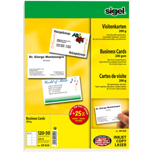 Visitenkarte sigel Edelkarton DP839 - 85 x 55 mm hochweiß universelle Anwendung satiniert microperforiert 200 g/m² Pckg/150