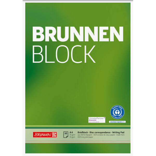 Briefblock Brunnen Recycling 52616 - A4 210 x 297 mm Deckblatt blanko Lineatur20 50 Blatt Blauer Engel Recyclingpapier 70 g/m²