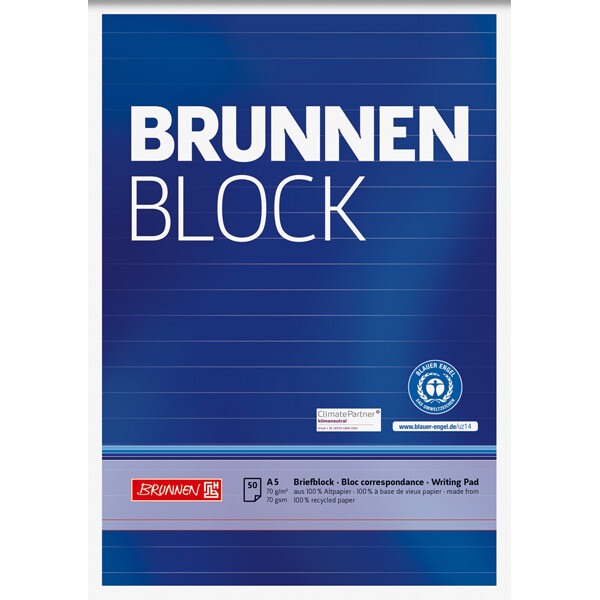 Briefblock Brunnen Recycling 52417 - A5 148 x 210 mm Deckblatt liniert Lineatur04 mit Schreiblinie 50 Blatt Blauer Engel Recyclingpapier 70 g/m²