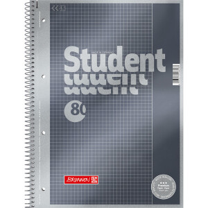 Collegeblock Brunnen Student Premium 67126 - A4 210 x 297 mm grau kariert Lineatur26 5 x 5 mm mit Rand 80 Blatt hochweißes Premiumpapier 90 g/m²