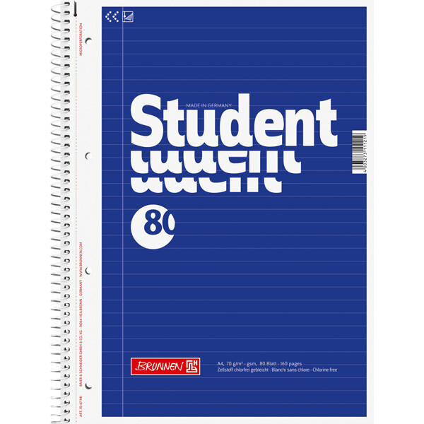 Collegeblock Brunnen Student 67941 - A4 210 x 297 mm blau liniert Lineatur21 mit Schreiblinie 80 Blatt weißes Qualitätspapier 70 g/m²
