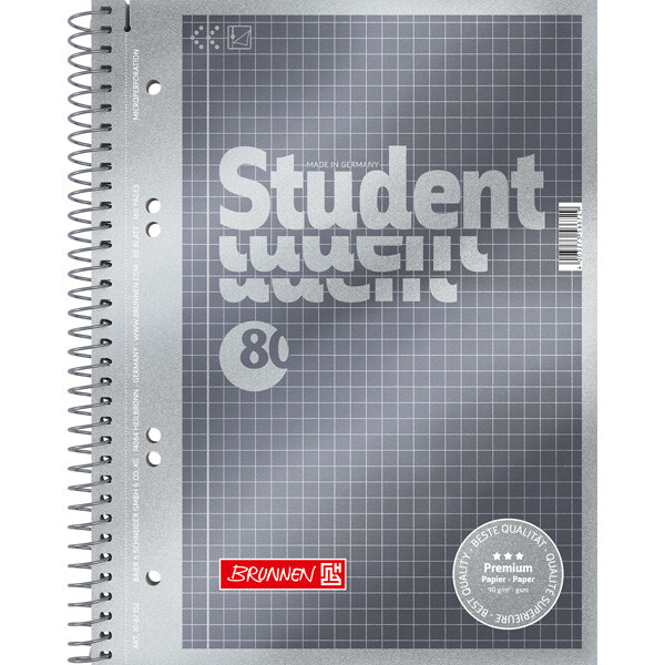 Collegeblock Brunnen Student Premium 67152 - A5 148 x 210 mm grau kariert Lineatur05 5 x 5 mm 80 Blatt hochweißes Premiumpapier 90 g/m²