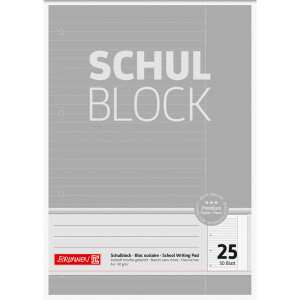 Schulblock Brunnen Premium 52625 - A4 210 x 297 mm liniert Lineatur25 10 mm mit Rand 50 Blatt 4-fach-Lochung Premiumpapier 90 g/m²