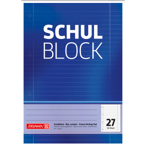 Schulblock Brunnen Standard 52527 - A4 210 x 297 mm liniert Lineatur27 10 mm mit Doppelrand 50 Blatt 4-fach-Lochung Qualitätspapier 70 g/m²