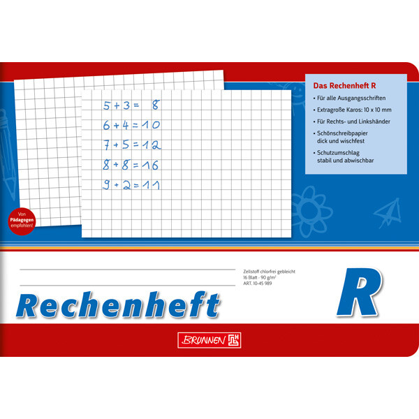 Schreiblernheft Rechenheft Brunnen Premium 45989 - A5 quer 210 x 148 mm LineaturR 10 x 10 mm kariert FSC 16 Blatt extraweißes Qualitätspapier 90 g/m²
