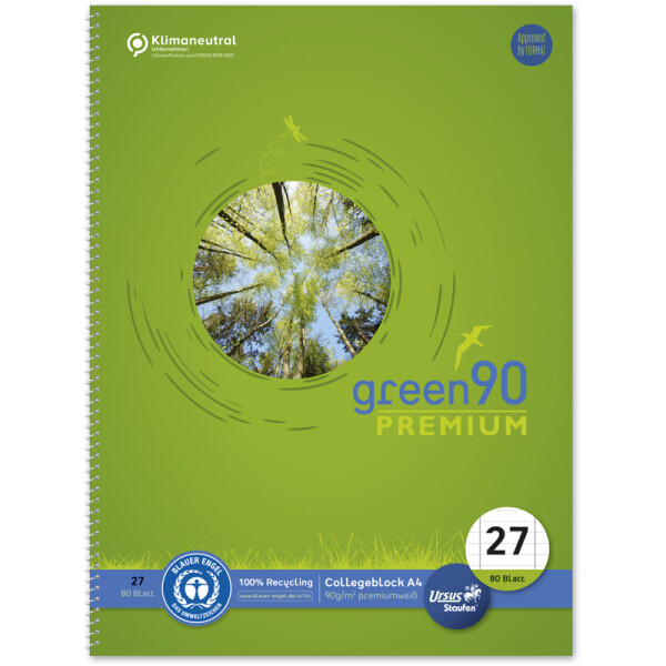 Collegeblock Staufen Green 90 Premium Recycling 040835027 - A4 210 x 297 mm grün liniert Lineatur27 10 mm mit Doppelrand 80 Blatt Blauer Engel Recyclingpapier 90 g/m²