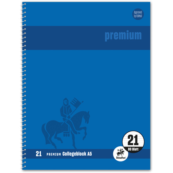 Collegeblock Staufen Premium 734500121 - A5 148 x 210 mm blau liniert Lineatur21 mit Schreiblinie 80 Blatt klimaneutral hochweißes Premiumpapier 90 g/m²