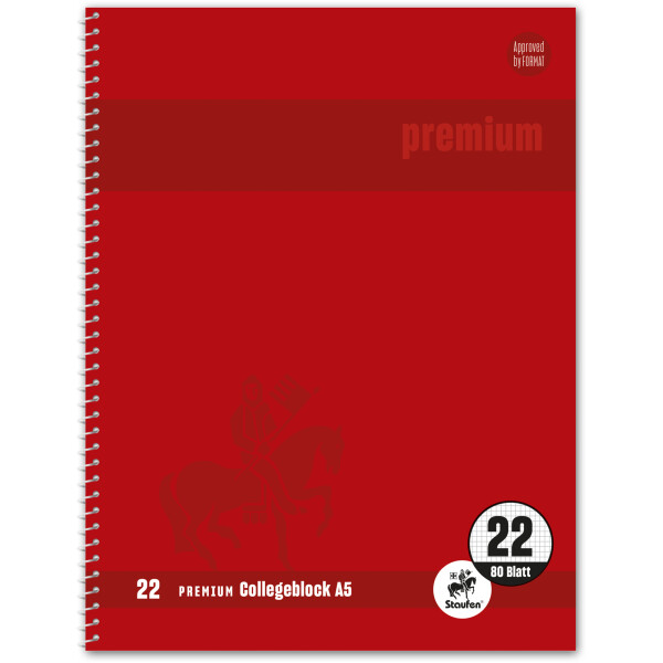 Collegeblock Staufen Premium 734500122 - A5 148 x 210 mm rot kariert Lineatur22 5 x 5 mm 80 Blatt klimaneutral hochweißes Premiumpapier 90 g/m²