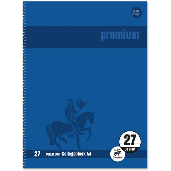 Collegeblock Staufen Premium 734451271 - A4 210 x 297 mm blau liniert Lineatur27 10 mm mit Doppelrand 80 Blatt klimaneutral hochweißes Premiumpapier 90 g/m²