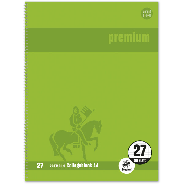 Collegeblock Staufen Premium 734451278 - A4 210 x 297 mm grün liniert Lineatur27 10 mm mit Doppelrand 80 Blatt klimaneutral hochweißes Premiumpapier 90 g/m²