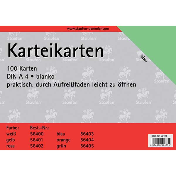 Karteikarte Staufen 56405 - A4 210 x 297 mm grün blanko Pckg/100