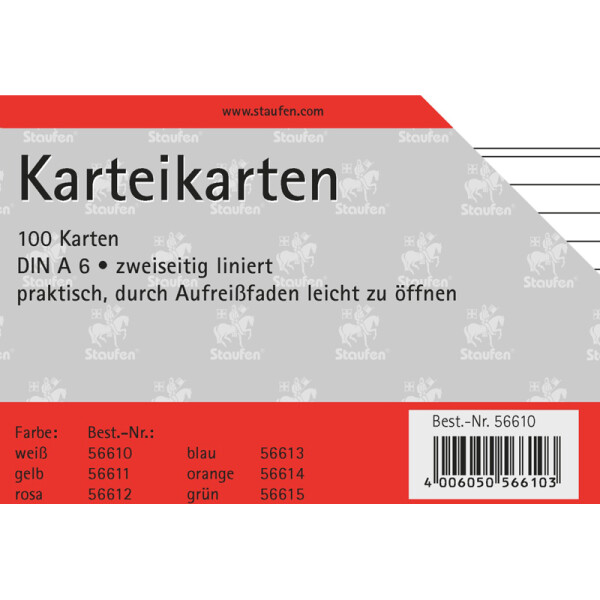 Karteikarte Staufen 794660010 - A6 105 x 148 mm weiß liniert Pckg/100