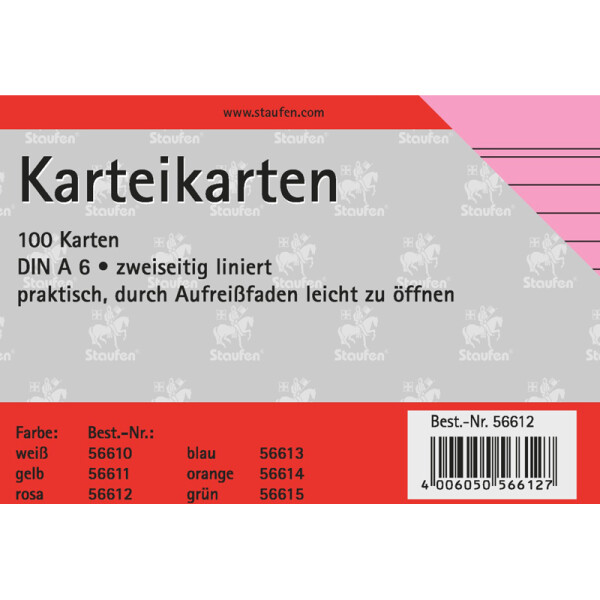 Karteikarte Staufen 794660012 - A6 105 x 148 mm rosa liniert Pckg/100