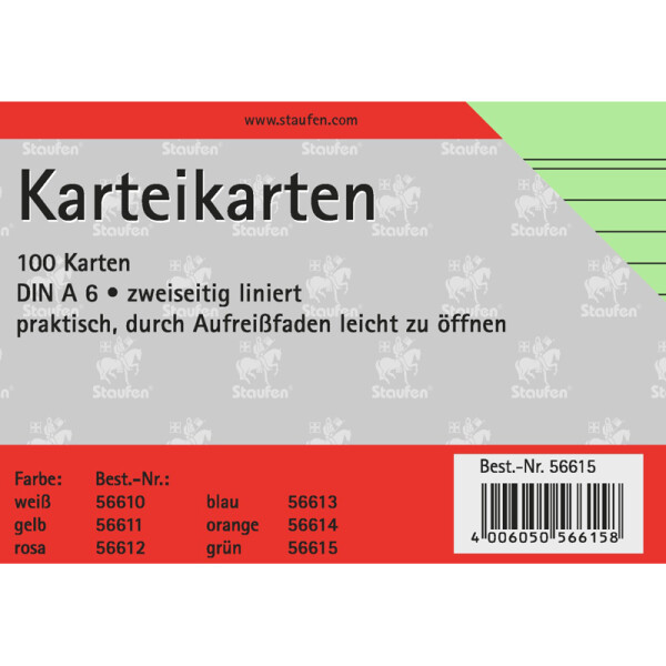 Karteikarte Staufen 794660015 - A6 105 x 148 mm grün liniert Pckg/100