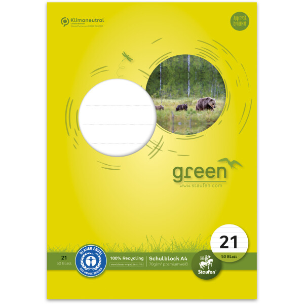 Schulblock Staufen green paper 040750021 - A4 210 x 297 mm liniert Lineatur21 mit Schreiblinie 50 Blatt 4-fach-Lochung Recyclingpapier Blauer Engel 70 g/m²