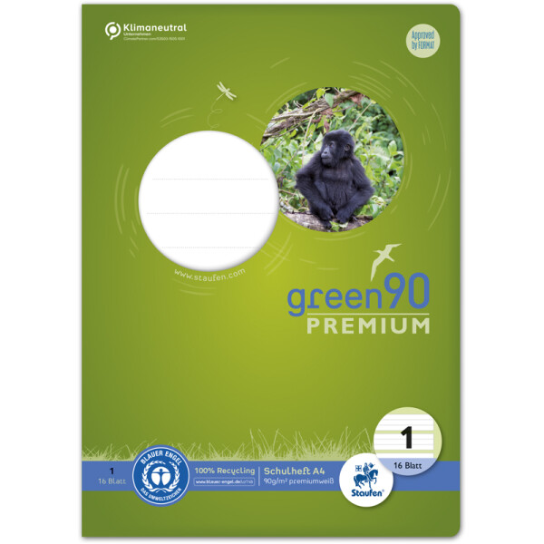 Schulheft Staufen Recycling green90 Premium 040782001 - A4 210 x 297 mm Lineatur01 vier Linien 5 mm liniert Blauer Engel 16 Blatt premiumweißes Recyclingpapier 90 g/m²