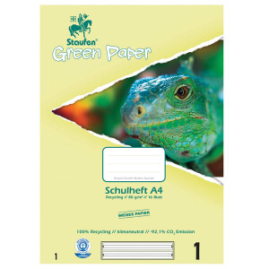 Schulheft Staufen Recycling green paper 19031 - A4 210 x 297 mm Lineatur01 vier Linien 5 mm liniert Blauer Engel 16 Blatt Recyclingpapier 80 g/m²