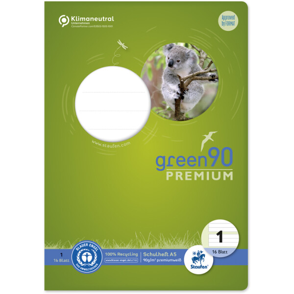 Schulheft Staufen Recycling green90 Premium 040780001 - A5 148 x 210 mm Lineatur01 vier Linien 5 mm liniert Blauer Engel 16 Blatt premiumweißes Recyclingpapier 90 g/m²