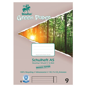 Schulheft Staufen Recycling green paper 19009 - A5 148 x 210 mm Lineatur09 10 mm mit Rand liniert Blauer Engel 16 Blatt Recyclingpapier 80 g/m²