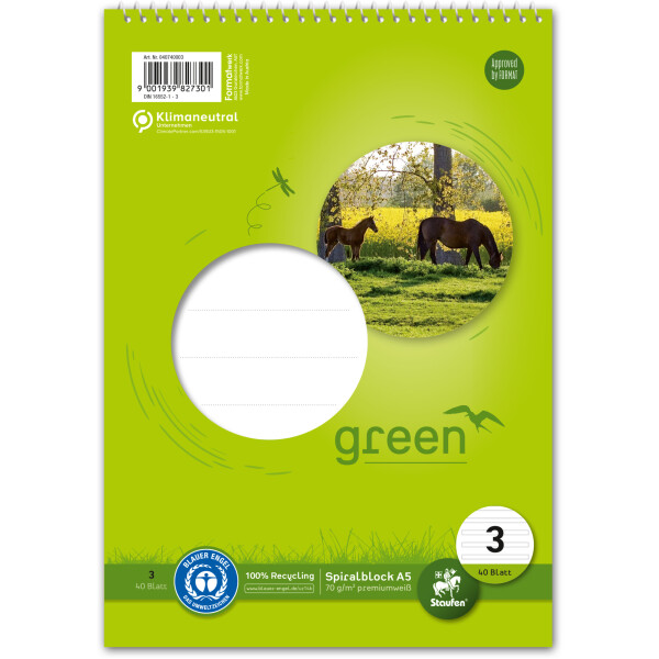 Schulspiralblock Staufen green paper 040740003 - A5 148 x 210 mm liniert Lineatur03 zwei Linien 3,5 mm 40 Blatt Recyclingpapier Blauer Engel 70 g/m²