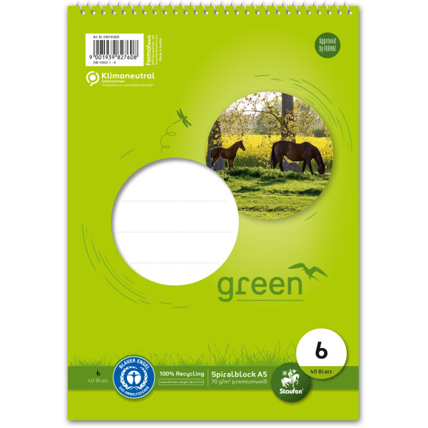Schulspiralblock Staufen green paper 040740006 - A5 148 x 210 mm blanko Lineatur06 40 Blatt Recyclingpapier Blauer Engel 70 g/m²