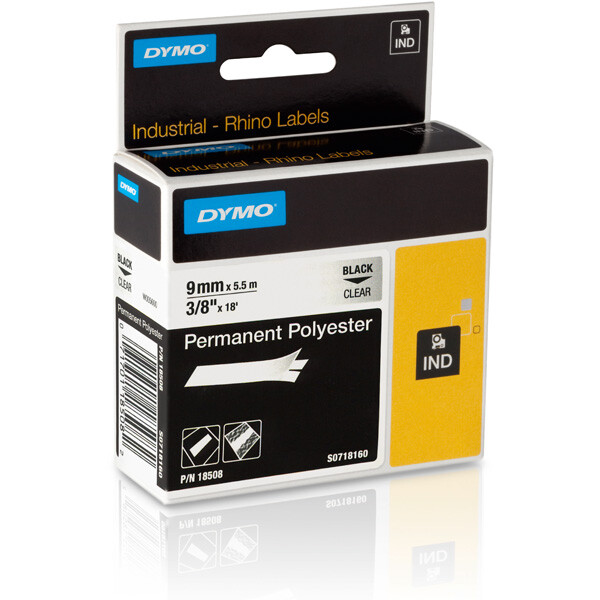 Schriftbandkassette Dymo 18508DMO - 9 mm x 5,5 m Rhino ID1-Band schwarz auf transparent selbstklebend Polyester Endlos