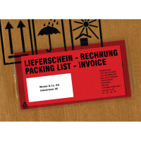 Dokumentenhülle Mayer Kuvert 30001083 - DIN Lang 110 x 240 mm haftklebend ohne Fenster PE-Folie mit Druck scharz/rot Pckg/1000