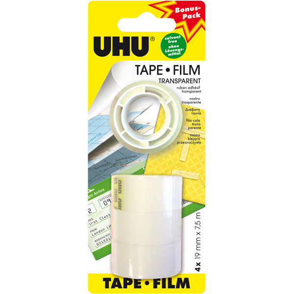 Klebefilm UHU Tape Film 45985 - 19 mm x 7,5 mm transparent für Privat/Endverbraucher-Anwendungen Pckg/4