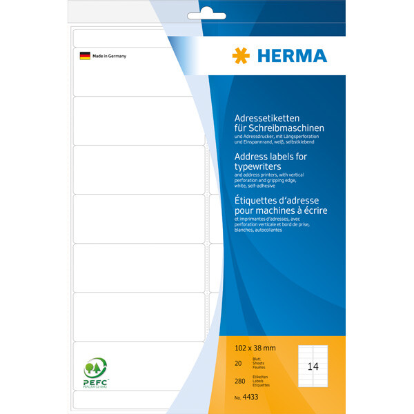 Adressetikett Herma 4433 - A4 102 x 38 mm weiß permanent perforiert Papier für Schreibmaschine Pckg/280