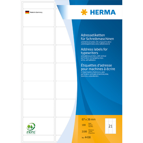 Adressetikett Herma 4438 - A4 67 x 38 mm weiß permanent perforiert Papier für Schreibmaschine Pckg/2100