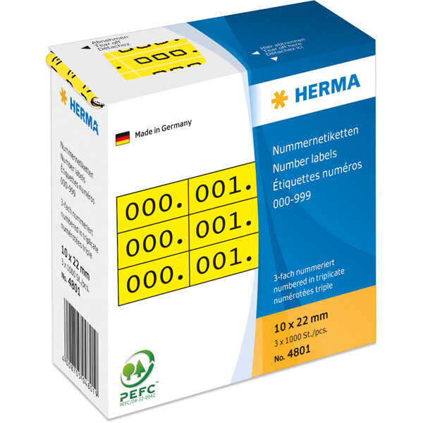 Anlageetikett Herma 4801 - im Spender Zahlen 0-999 10 x 22 mm gelb permanent Papier bedruckt Pckg/3000