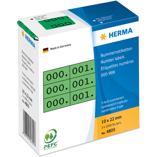 Anlageetikett Herma 4805 - im Spender Zahlen 0-999 10 x 22 mm grün permanent Papier bedruckt Pckg/3000