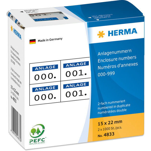 Anlageetikett Herma 4833 - im Spender Zahlen 0-999 15 x 22 mm blau permanent Papier bedruckt Pckg/2000